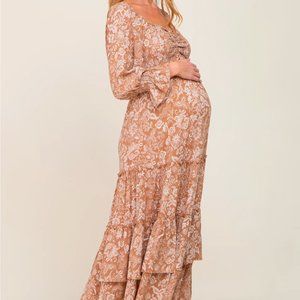 Beige Floral Cutout Smocked Tiered Maxi Dress